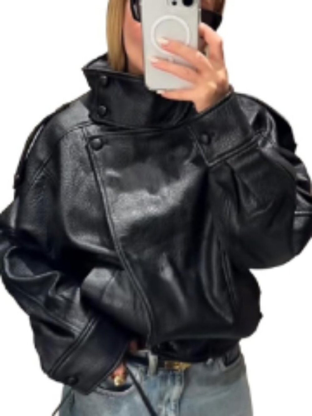 Faux Leather Jacket with Lychee Texture Stand-Up Collar Casual Outerwear